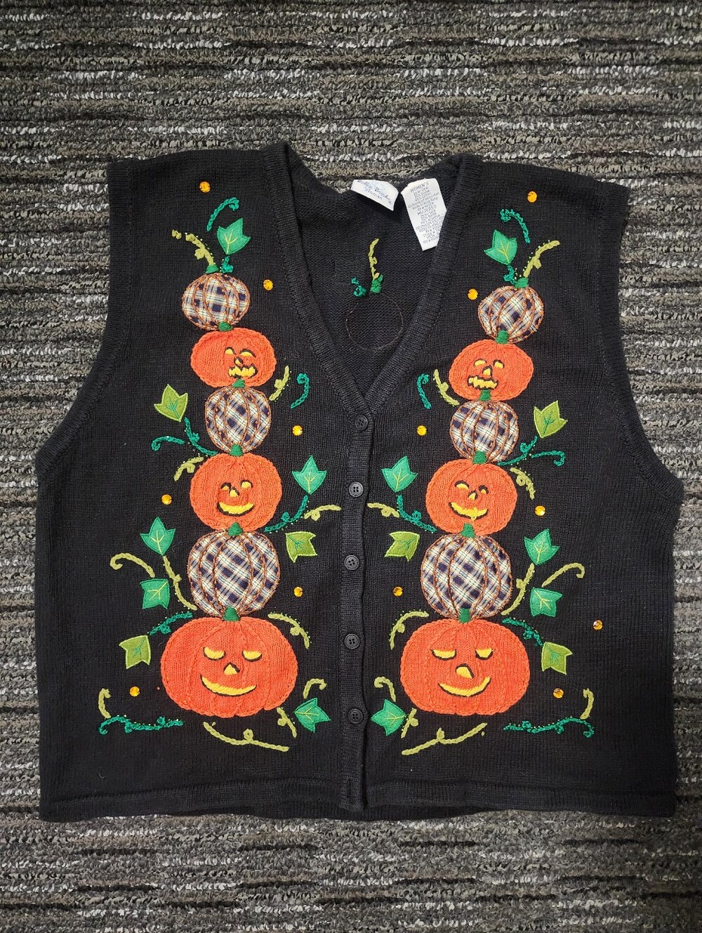 Vtg 90s Bobbie Brooks Halloween Pumpkin Sweater Vest Plus Size 26W 28W Beaded